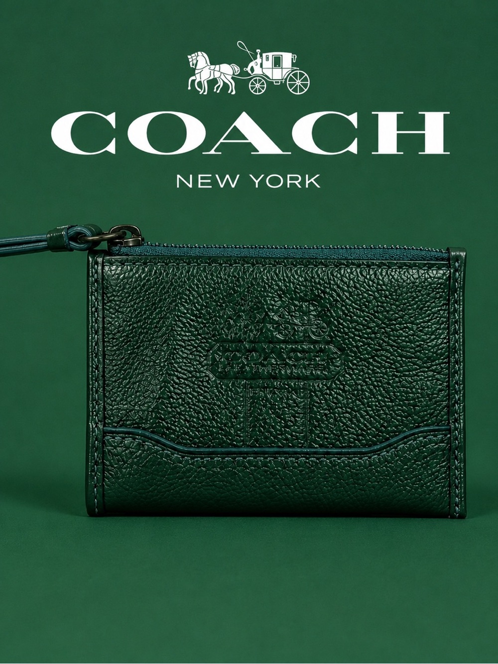Coach Green Leather Card Case with Tattersall Interior